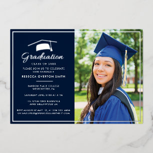 Invitation En Aluminium 2024 Graduation Photo Marine Blue Party Argent