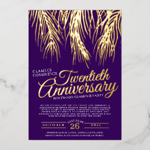 Invitation En Aluminium 20e anniversaire glamor party or violet palmiers