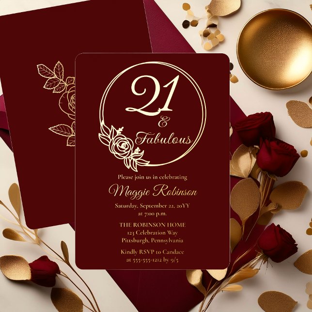 Invitation En Aluminium 21 et Fabuleuse fête du 21e anniversaire bloquée ("21 and Fabulous" 21st Birthday Party Stamped Foil Invitations - Burgundy)