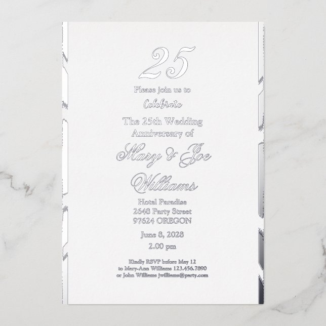 Invitation En Aluminium 25 ans Jubilé Anniversaire du 25e Mariage (Recto)