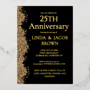 Invitation En Aluminium 25e Anniversaire de Mariage Or Faux Paillettes