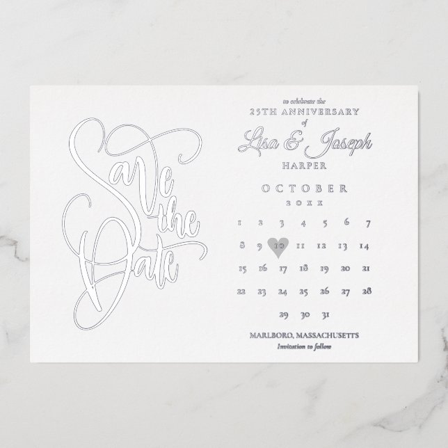 Invitation En Aluminium 25e anniversaire Enregistrer la date Calendrier Ar (Recto)