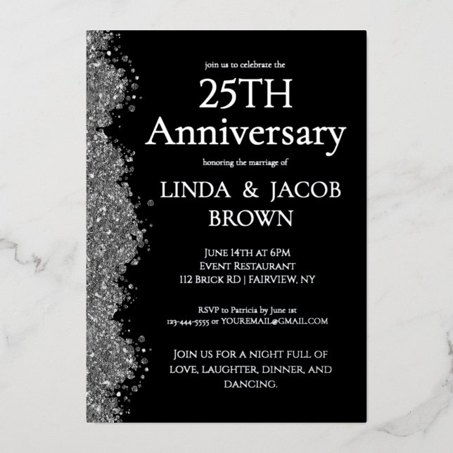 Invitation En Aluminium 25th Wedding Anniversary Silver Faux Glitter  (Recto)