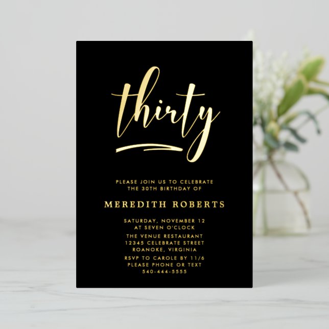 Invitation En Aluminium 30e anniversaire Gold sur Black Luxe Elegant Party (Debout devant)