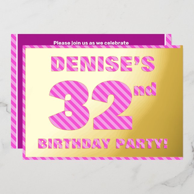 Invitation En Aluminium 32e fête d'anniversaire — Audacieux, amusant, rose (Recto/Verso)