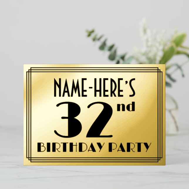 Invitation En Aluminium 32e fête d'anniversaire — Regarder Art Déco "32" + (Debout devant)