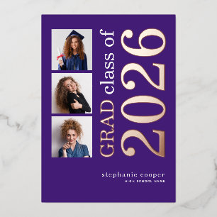 Invitation En Aluminium 3 Photo Diplômé 2026 Violet avec Annonce à Feuille