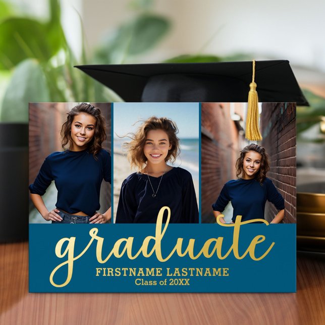 Invitation En Aluminium 3 Photo Graduation Party Modern Script Gold (Graduation announcement and invitation with multiple photos)