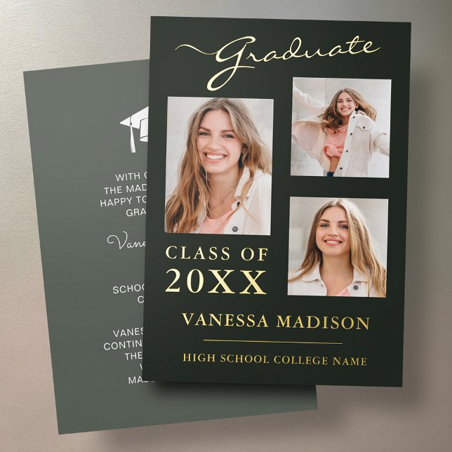 Invitation En Aluminium 3 Photo Script Sage Green Grad Announcement (Créateur téléchargé)