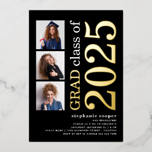 Invitation En Aluminium 3 Photos Graduation 2025 Black Gold Real Foil