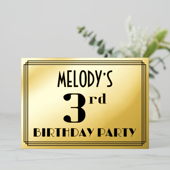 Invitation En Aluminium 3e fête d'anniversaire : Art Déco Look "3" et nom (Debout devant)