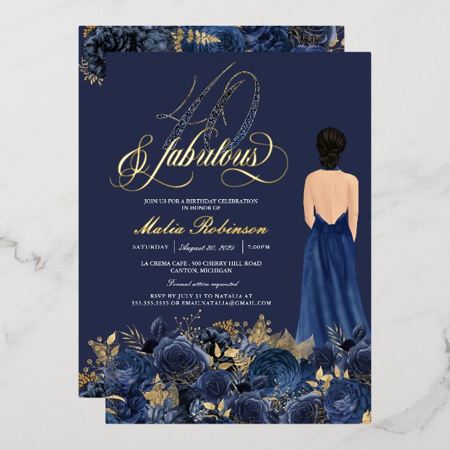 Invitation En Aluminium 40 & Fabuleux Elégant Bleu & Or Anniversaire Réel (Recto/Verso)