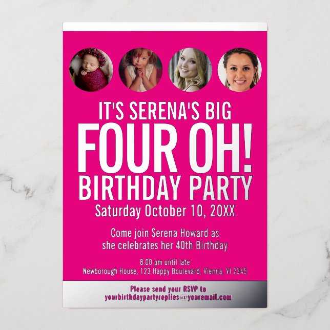 Invitation En Aluminium 40e anniversaire graphisme rose feuille d'or cercl (Recto)