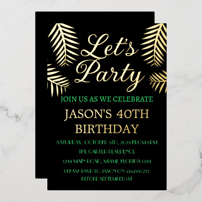 Invitation En Aluminium 40e anniversaire Neon Green Black Gold Foil QR Cod (Recto/Verso)