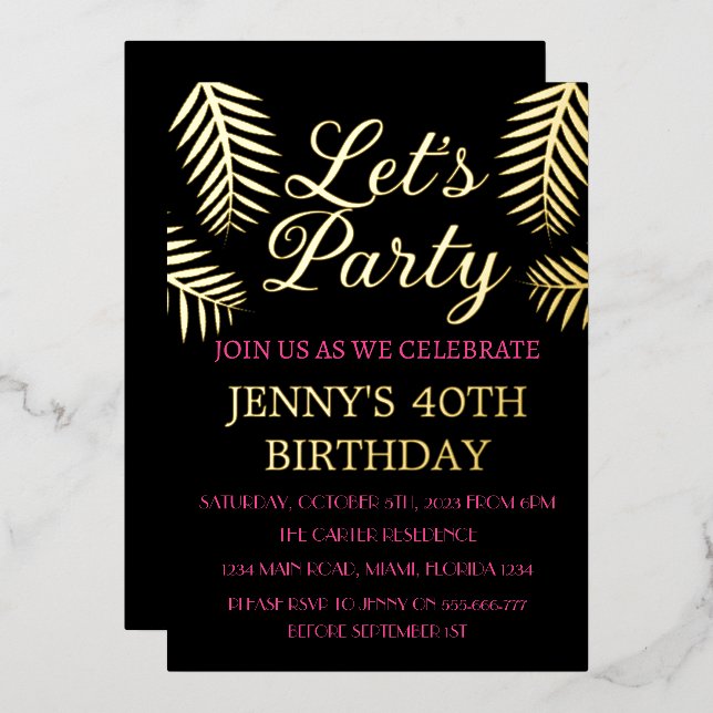 Invitation En Aluminium 40e anniversaire Neon Pink Black Gold Foil Code QR (Recto/Verso)
