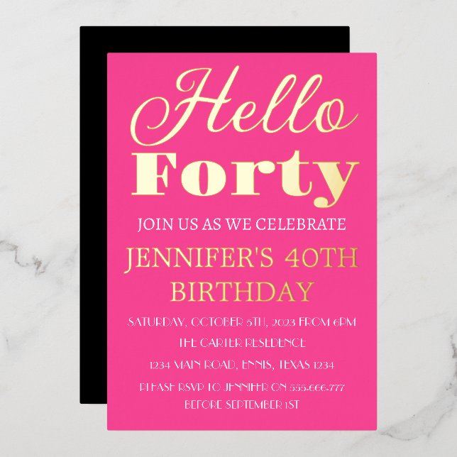 Invitation En Aluminium 40e anniversaire Neon Pink Black Gold Foil Code QR (Recto/Verso)