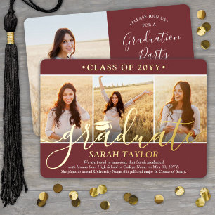 Invitation En Aluminium 4 Photo Graduation Party Bourgogne Blanc et or