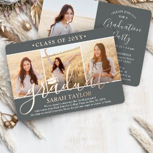Invitation En Aluminium 4 Photo Graduation Party Modern Script Gris et