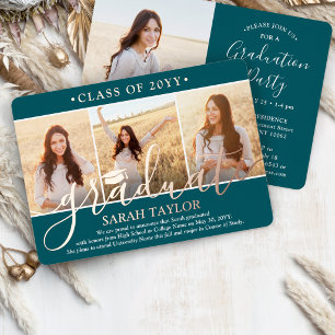 Invitation En Aluminium 4 Photo Graduation Party Modern Script Turquoise e