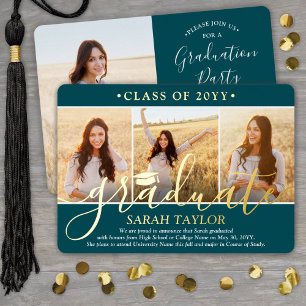 Invitation En Aluminium 4 Photo Graduation Party Turquoise blanc et or