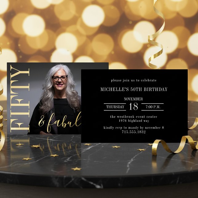 Invitation En Aluminium 50 And Fabulous Birthday Photo Black and Gold (Créateur téléchargé)