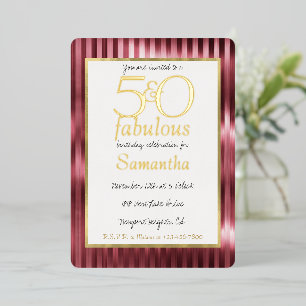 Invitation En Aluminium 50 ans et Fabuleux Glam Or Rouge Rayures Anniversa