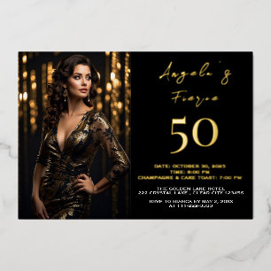 Invitation En Aluminium 50 ans et Fabuleux Photo Noir Or