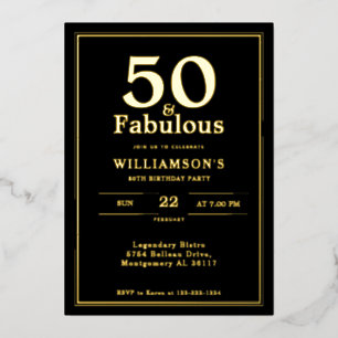 Invitation En Aluminium 50 et fabuleux   Anniversaire noir et or