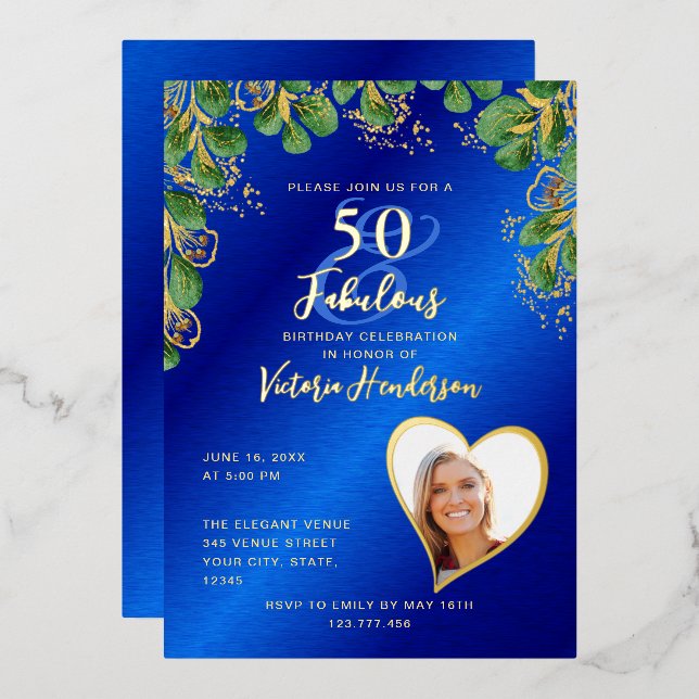 Invitation En Aluminium 50 et fabuleux anniversaire Royal Blue & Gold (Recto/Verso)