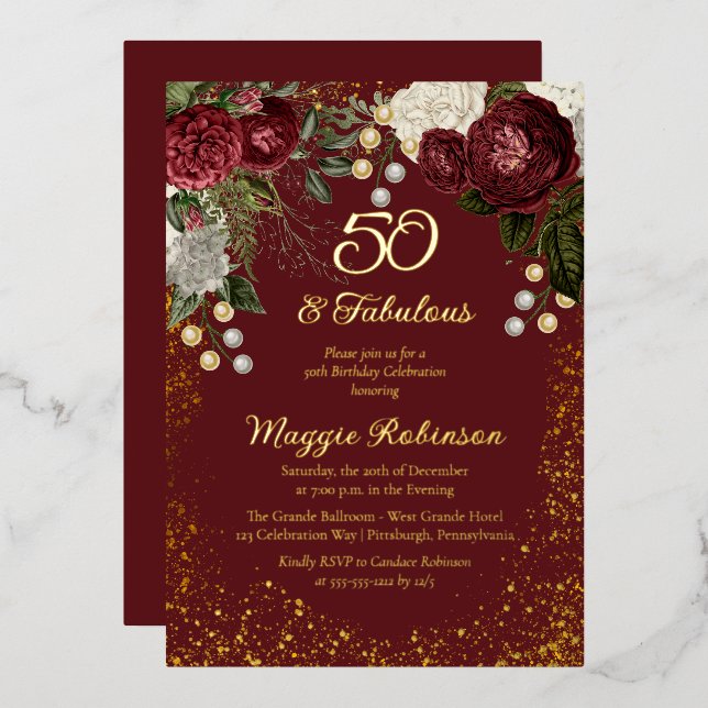 Invitation En Aluminium 50 et Fabulous Glam Rose Floral fête d'anniversair (Recto/Verso)