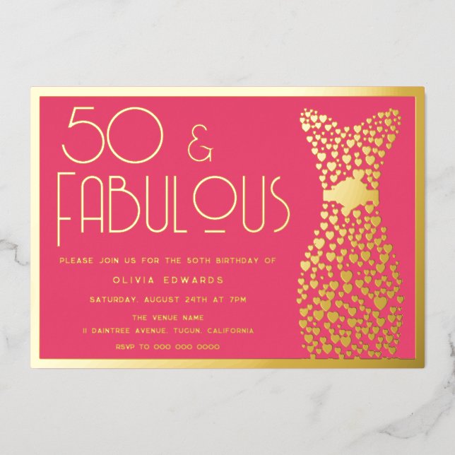 Invitation En Aluminium 50 & Fabuleux ! Hot rose 50e Anniversaire de la fê (Recto)