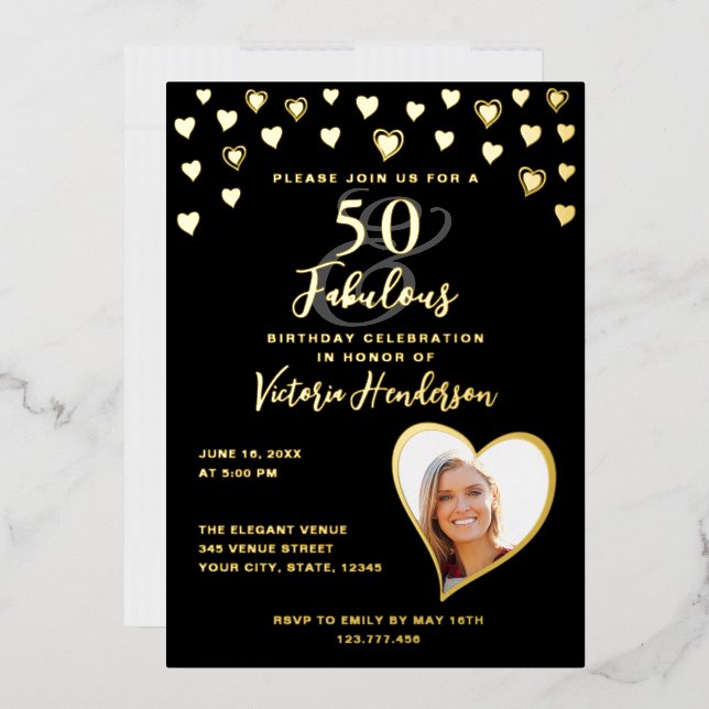 Invitation En Aluminium 50 & Fabuleux Photo Anniversaire Glam Black & Gold (Enveloppe)