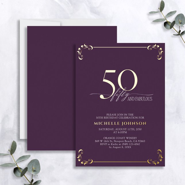 Invitation En Aluminium 50 & Fabuleux Purple & Gold Calligraphy Anniversai (Créateur téléchargé)