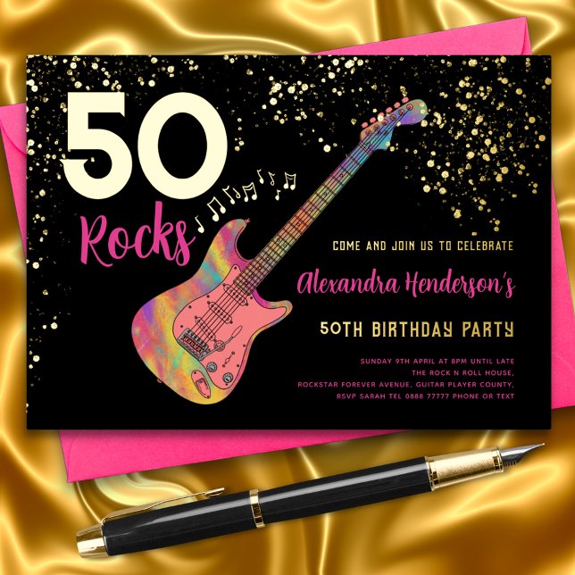 Invitation En Aluminium 50 Rocks 50e fête d'anniversaire Pink Black Gold (50 rock pink black and gold foil 50th birthday party invitation with colorful guitars music theme )