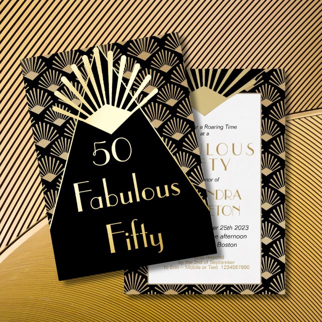 Invitation En Aluminium 50E Anniversaire Art Déco Elégant Black Gold (Créateur téléchargé)