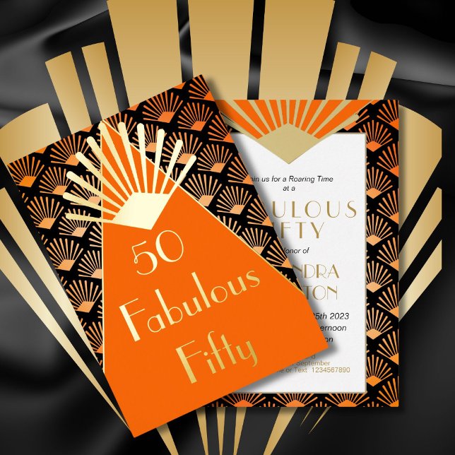 Invitation En Aluminium 50E Anniversaire Art Déco Orange Black Gold (Créateur téléchargé)