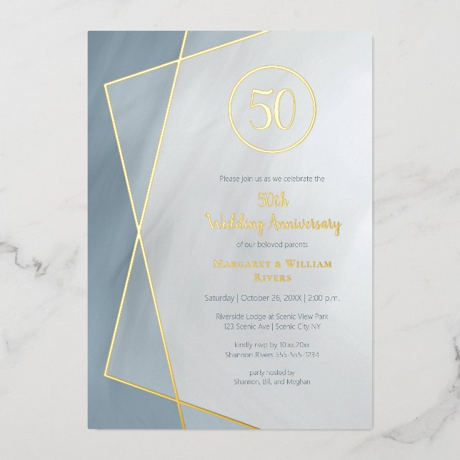 Invitation En Aluminium 50e anniversaire bleu poussiéreux gris avec feuill (Recto)