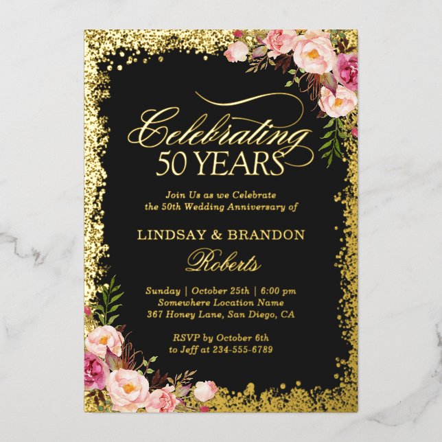Invitation En Aluminium 50e anniversaire de Mariage d'or photo Parties sci (Recto)