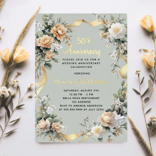 Invitation En Aluminium 50e anniversaire de mariage fleurs jaunes or