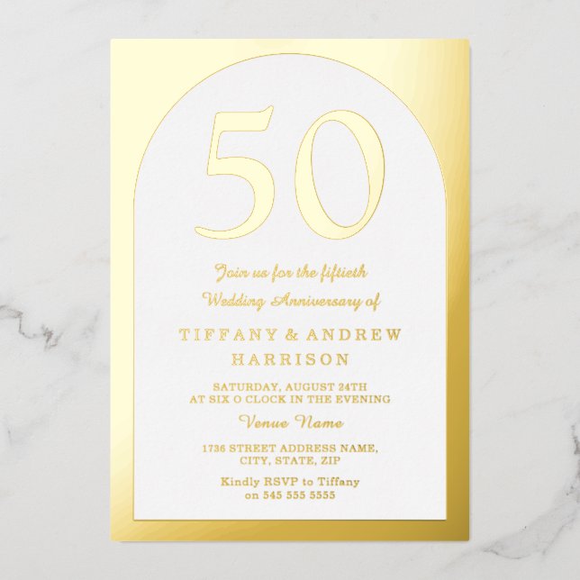Invitation En Aluminium 50e anniversaire de mariage Golden Arch or  (Recto)