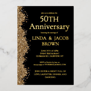Invitation En Aluminium 50e Anniversaire de Mariage Or Paillettes Faux