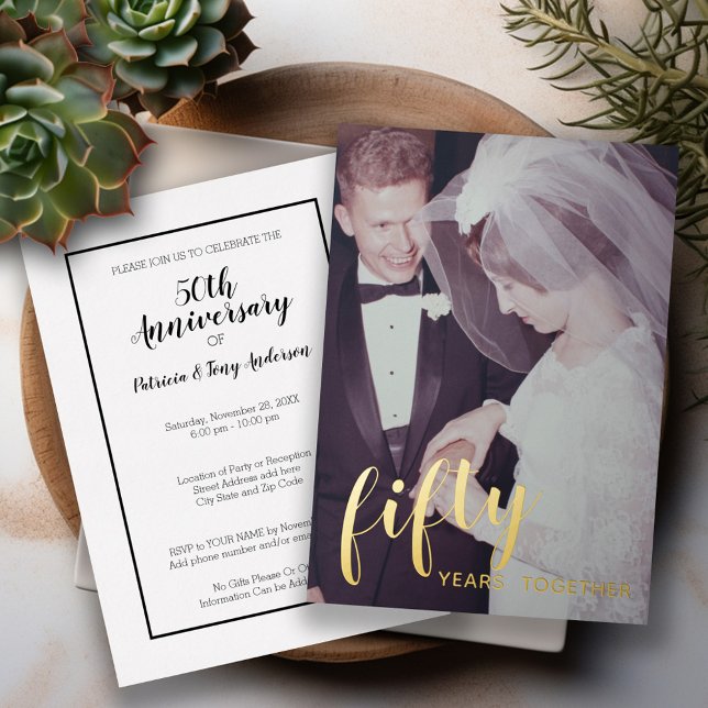 Invitation En Aluminium 50e Anniversaire de Mariage Papier Doré & Photo (Wedding Anniversary Invitation)