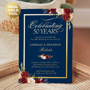 Invitation En Aluminium 50e Anniversaire de Mariage Photo Floral Rouge Blu