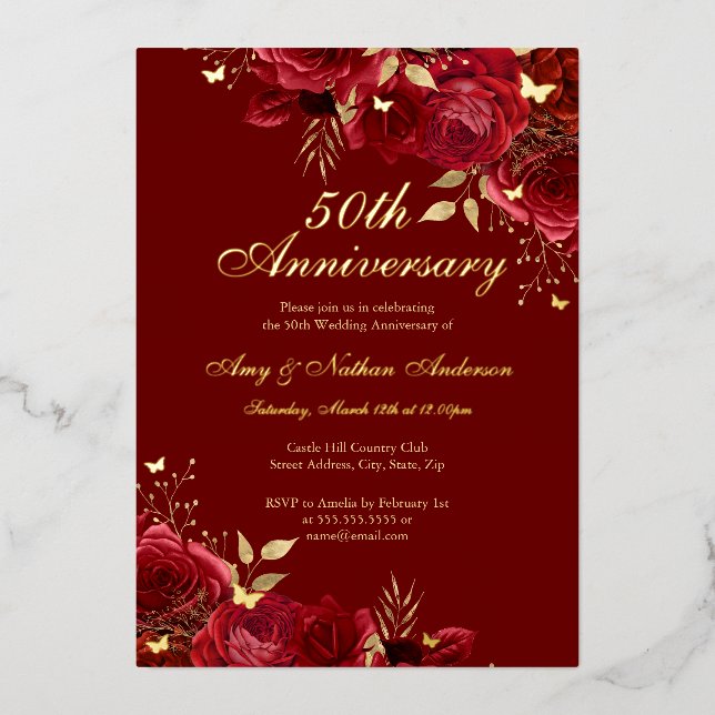 Invitation En Aluminium 50e anniversaire du Mariage Floral Red Gold (Recto)