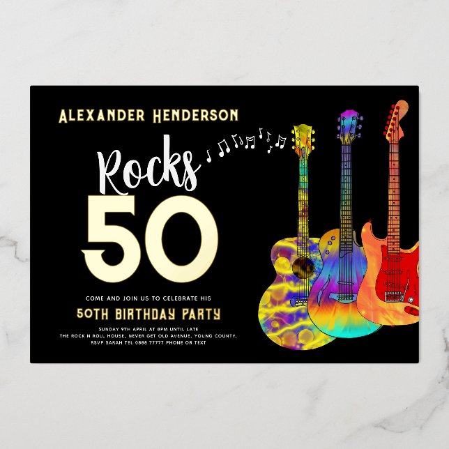 Invitation En Aluminium 50e Anniversaire Musique Rocks 50 Or (Recto)