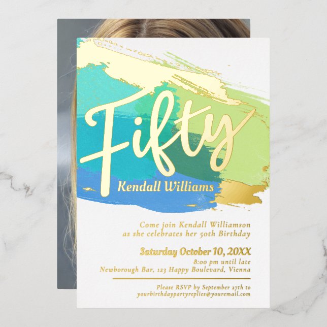 Invitation En Aluminium 50e fête d'anniversaire bleu vert or photo abstrai (Recto/Verso)
