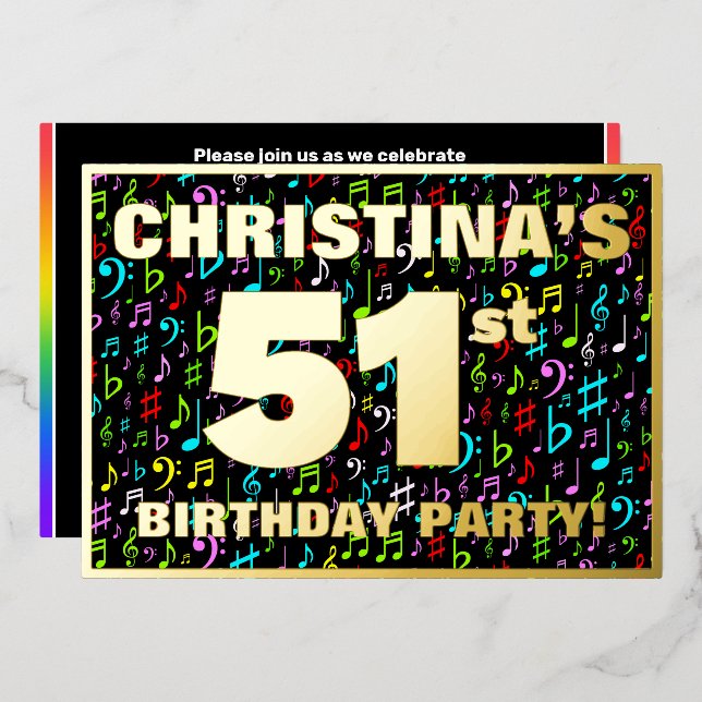 Invitation En Aluminium 51e fête d'anniversaire — Symboles de musique amus (Recto/Verso)