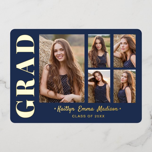 Invitation En Aluminium 5 Photo Grad Collage Marine Blue & Gold Foil Card (Recto)