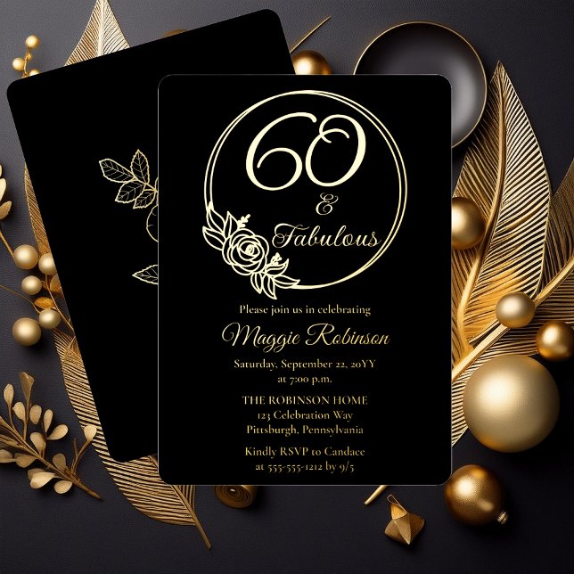 Invitation En Aluminium 60 et fabuleuse fête du 60e anniversaire bloquée (Simply Elegant Rose Wreath "60 and Fabulous" 60th Birthday Party Black Stamped Gold Foil Invitation )
