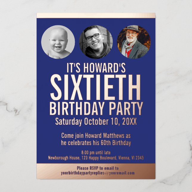 Invitation En Aluminium 60e anniversaire bleu feuille de métal cercles pho (Recto)